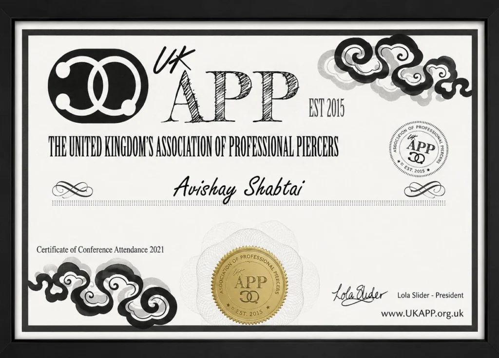APP - Association of Professional Piercers membership certificate, Avishay Shabtai, URBAN BODY
